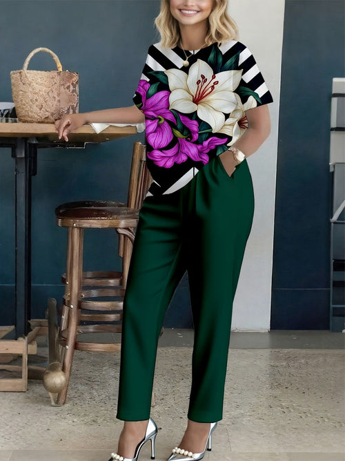 Women’s Floral Printed Co-Ord Set – Short Sleeve Top & Trouser 2-Piece Casual Outfit