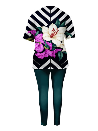 Women’s Floral Printed Co-Ord Set – Short Sleeve Top & Trouser 2-Piece Casual Outfit