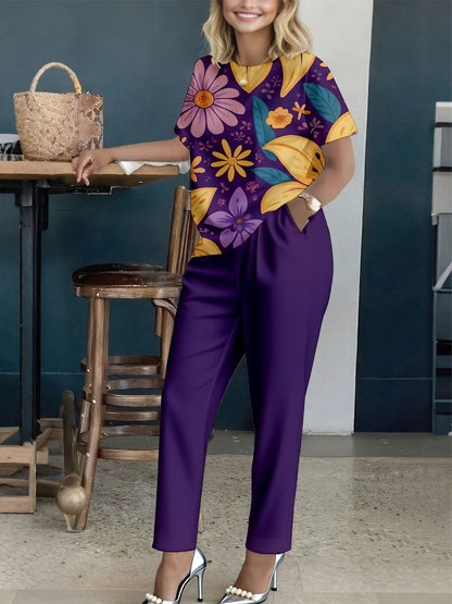 Women’s Floral Printed Co-Ord Set – Short Sleeve Top & Trouser 2-Piece Casual Outfit