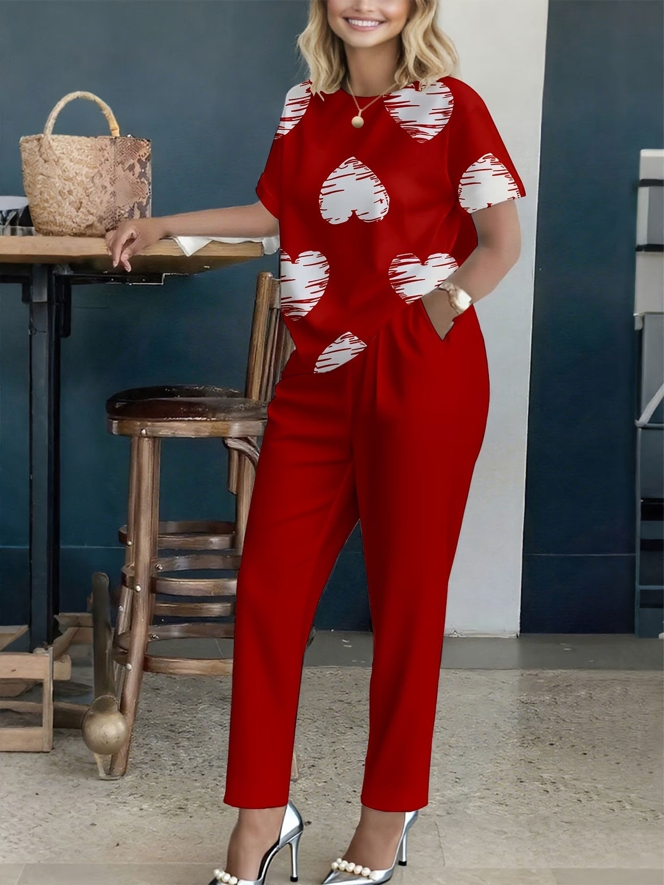 Women’s Floral Printed Co-Ord Set – Short Sleeve Top & Trouser 2-Piece Casual Outfit