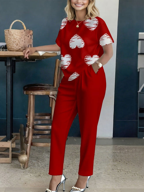 Women’s Floral Printed Co-Ord Set – Short Sleeve Top & Trouser 2-Piece Casual Outfit