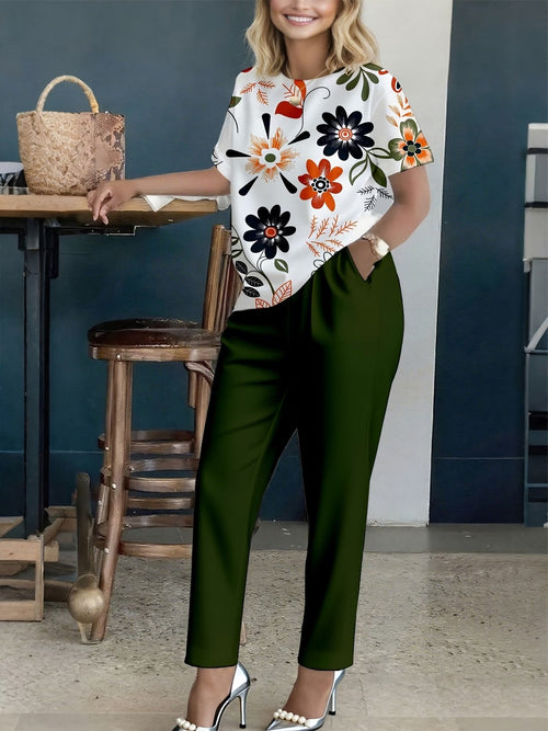 Women’s Floral Printed Co-Ord Set – Short Sleeve Top & Trouser 2-Piece Casual Outfit