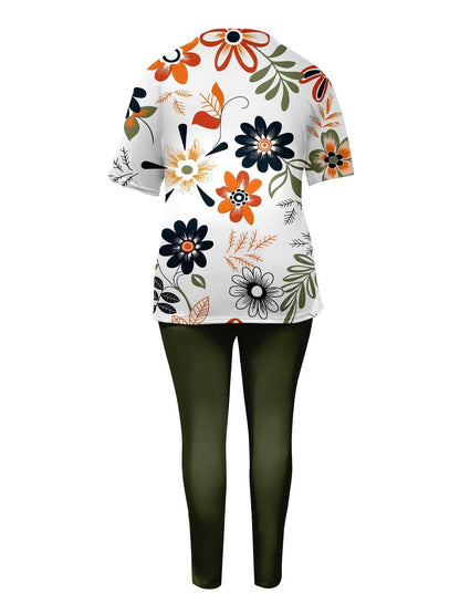 Women’s Floral Printed Co-Ord Set – Short Sleeve Top & Trouser 2-Piece Casual Outfit