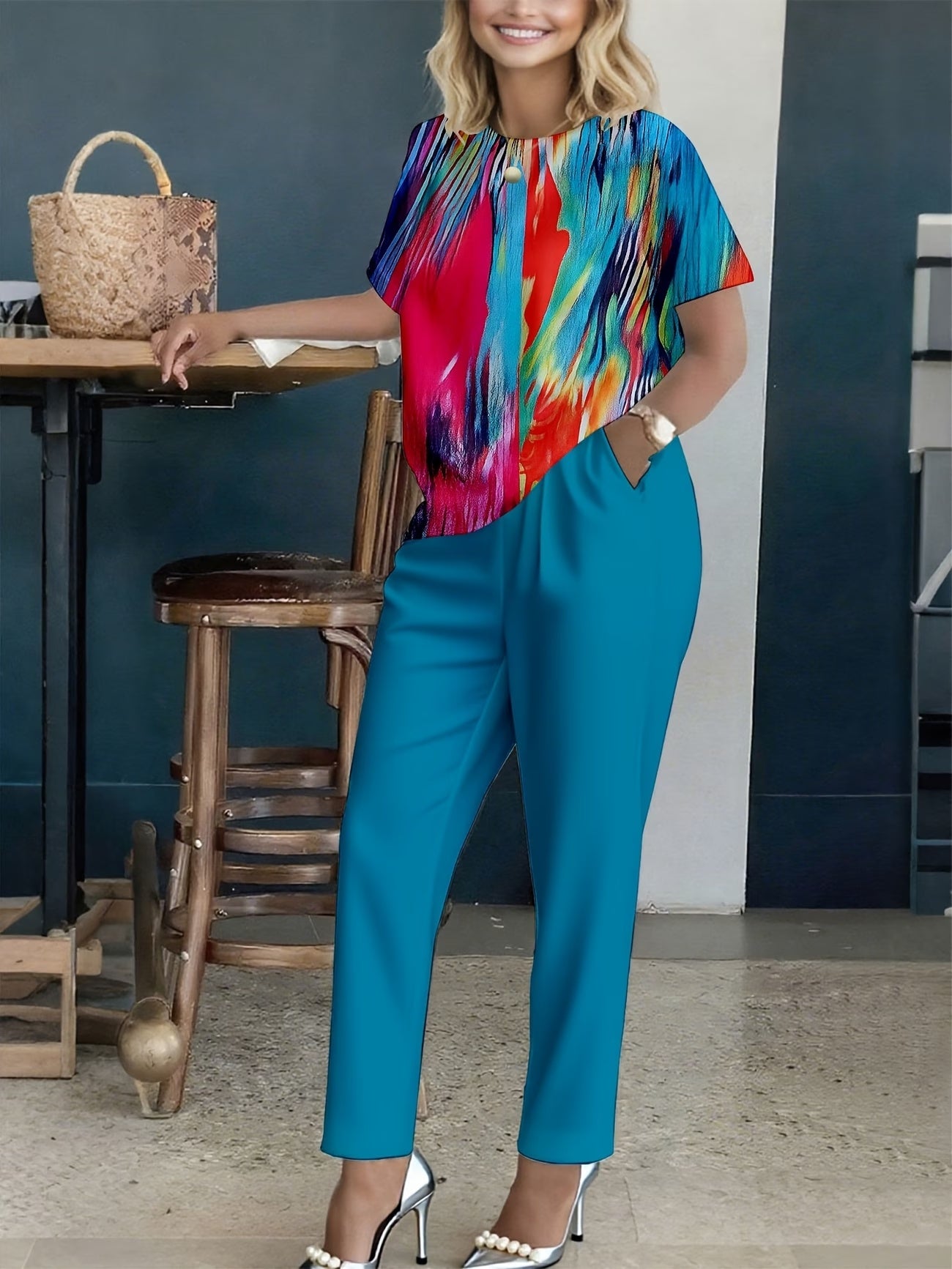 Women’s Floral Printed Co-Ord Set – Short Sleeve Top & Trouser 2-Piece Casual Outfit