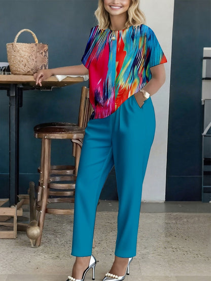 Women’s Floral Printed Co-Ord Set – Short Sleeve Top & Trouser 2-Piece Casual Outfit