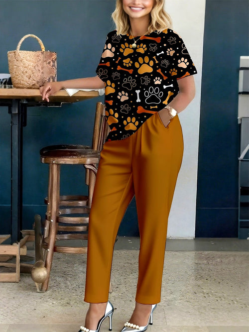 Women’s Floral Printed Co-Ord Set – Short Sleeve Top & Trouser 2-Piece Casual Outfit