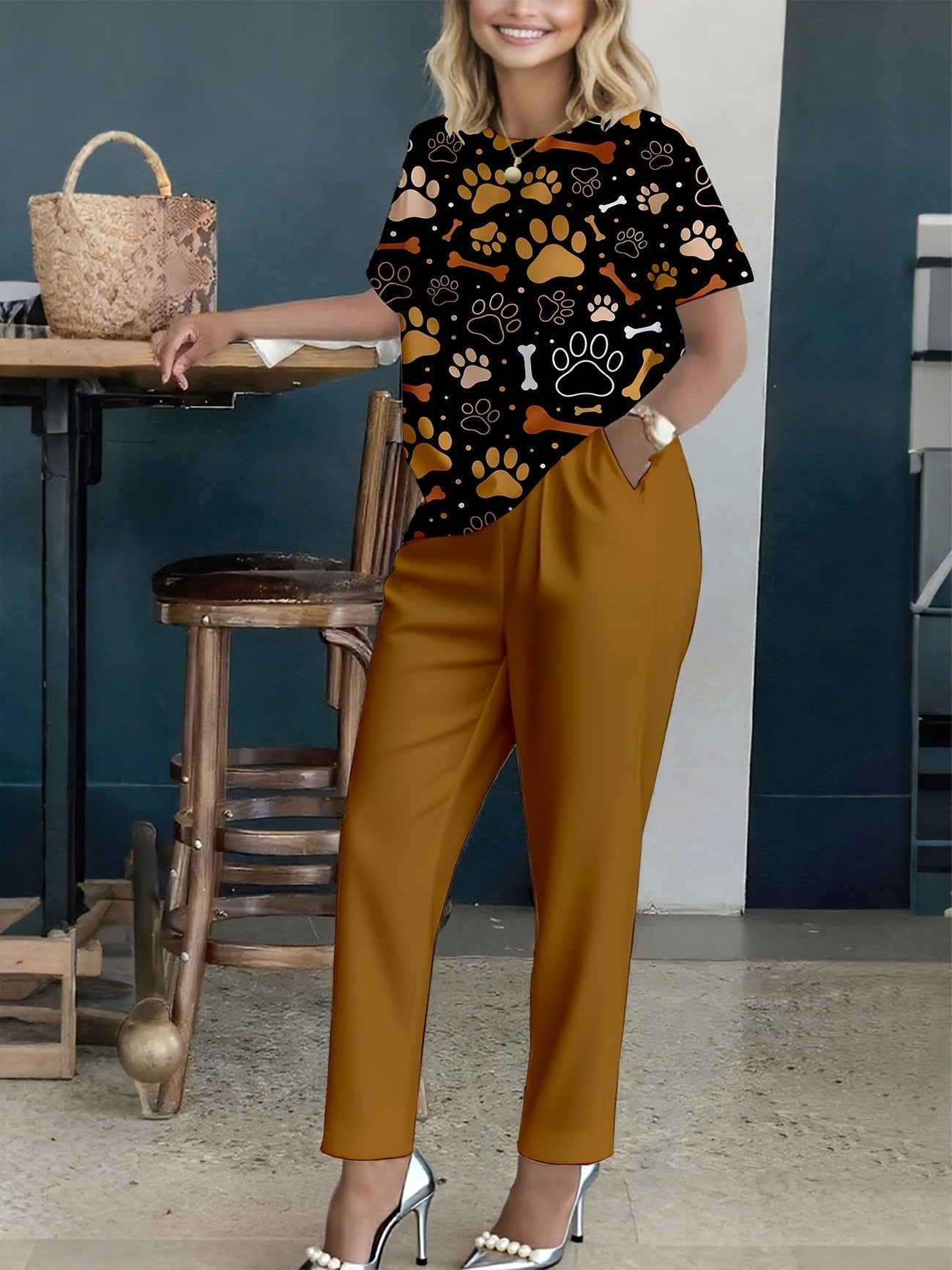 Women’s Floral Printed Co-Ord Set – Short Sleeve Top & Trouser 2-Piece Casual Outfit