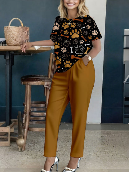 Women’s Floral Printed Co-Ord Set – Short Sleeve Top & Trouser 2-Piece Casual Outfit