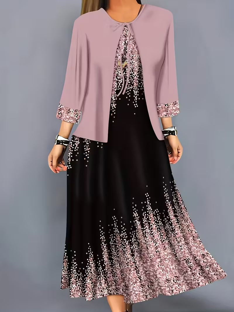 Elegant Geometric Print Co-Ord Set – Lapel Jacket, Vest & Long Skirt 3-Piece Outfit