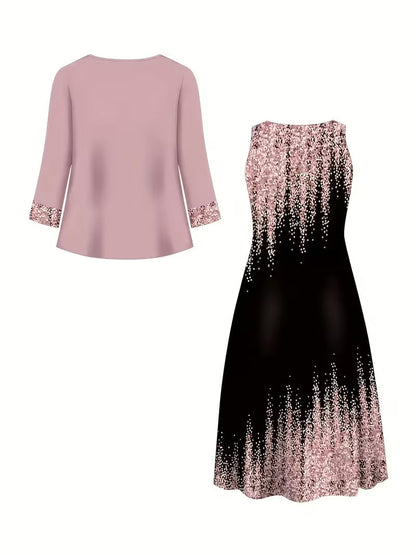 Elegant Geometric Print Co-Ord Set – Lapel Jacket, Vest & Long Skirt 3-Piece Outfit