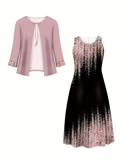 Elegant Geometric Print Co-Ord Set – Lapel Jacket, Vest & Long Skirt 3-Piece Outfit