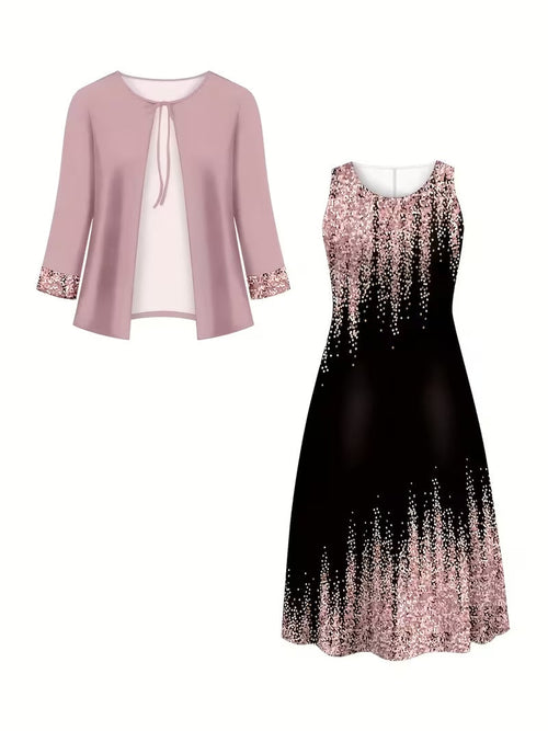 Elegant Geometric Print Co-Ord Set – Lapel Jacket, Vest & Long Skirt 3-Piece Outfit