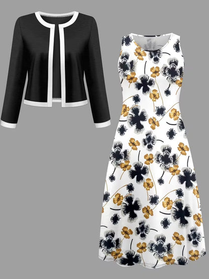 Elegant Geometric Print Co-Ord Set – Lapel Jacket, Vest & Long Skirt 3-Piece Outfit