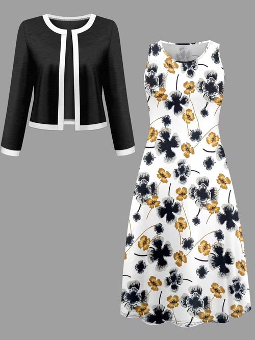 Elegant Geometric Print Co-Ord Set – Lapel Jacket, Vest & Long Skirt 3-Piece Outfit