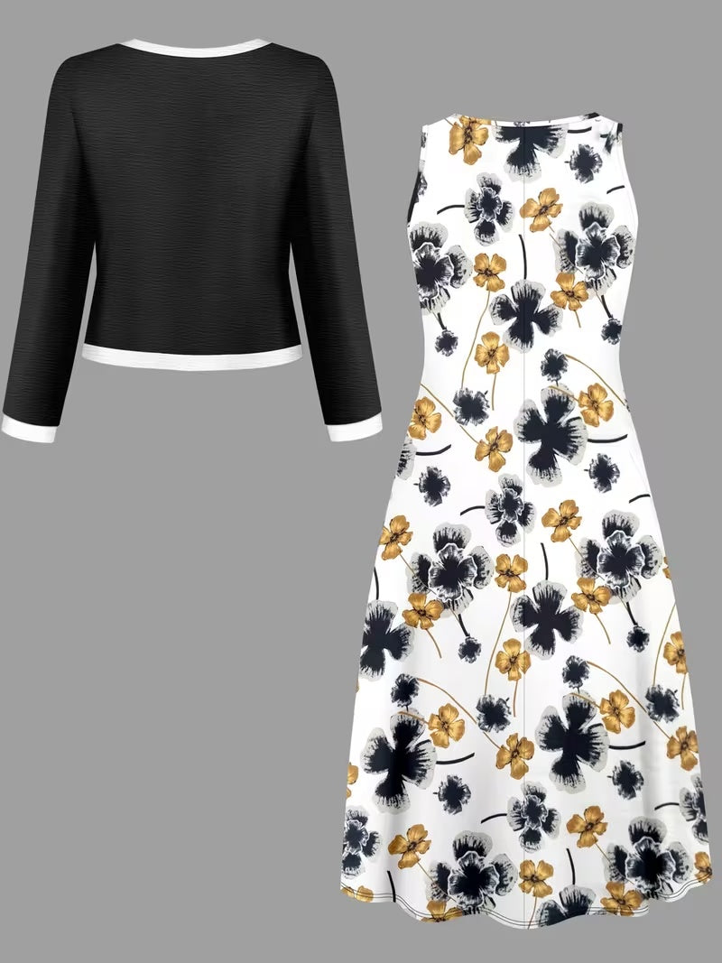 Elegant Geometric Print Co-Ord Set – Lapel Jacket, Vest & Long Skirt 3-Piece Outfit