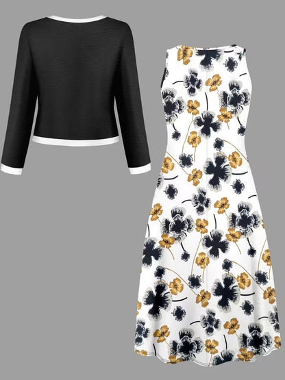 Elegant Geometric Print Co-Ord Set – Lapel Jacket, Vest & Long Skirt 3-Piece Outfit