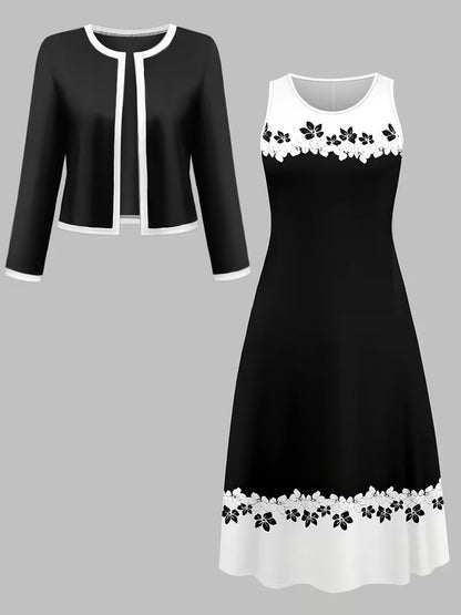Elegant Geometric Print Co-Ord Set – Lapel Jacket, Vest & Long Skirt 3-Piece Outfit