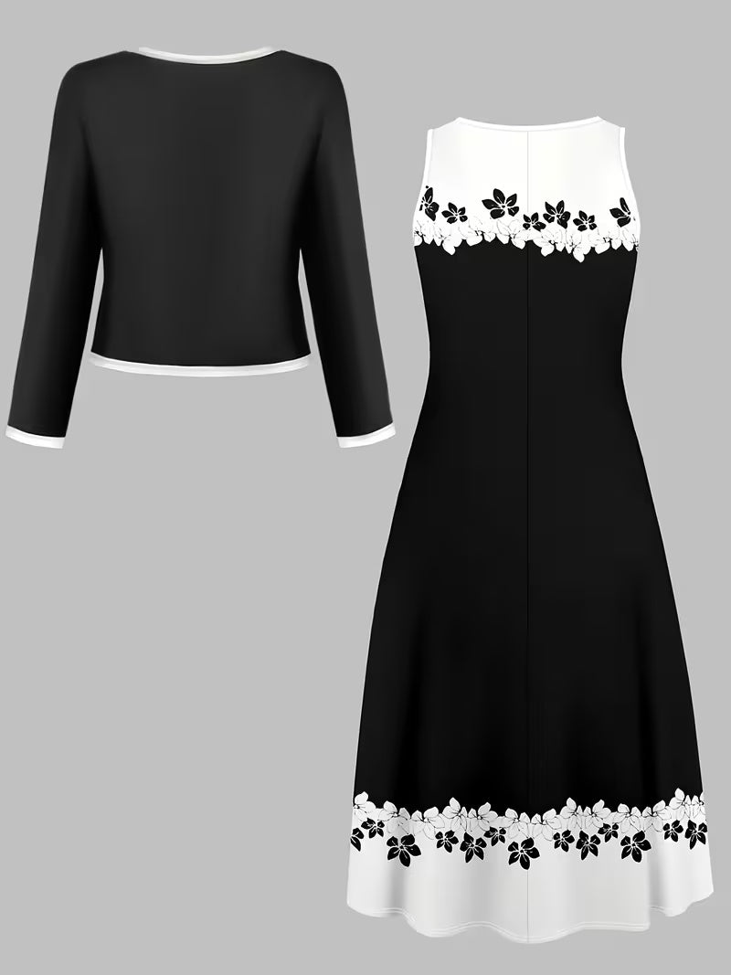 Elegant Geometric Print Co-Ord Set – Lapel Jacket, Vest & Long Skirt 3-Piece Outfit