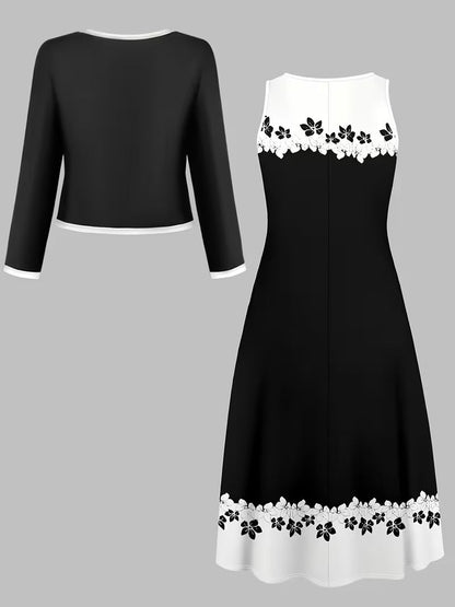 Elegant Geometric Print Co-Ord Set – Lapel Jacket, Vest & Long Skirt 3-Piece Outfit