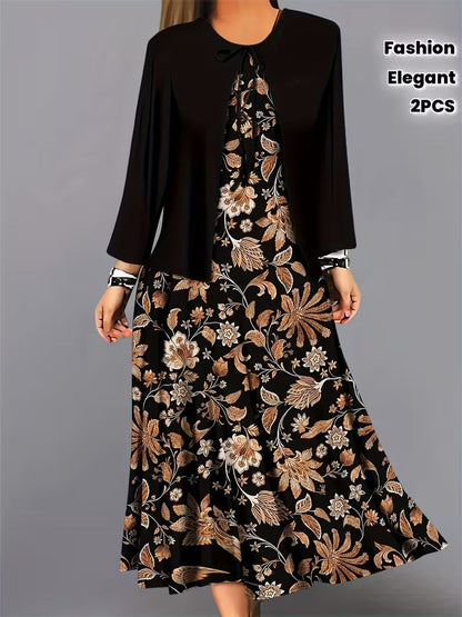 Elegant Geometric Print Co-Ord Set – Lapel Jacket, Vest & Long Skirt 3-Piece Outfit