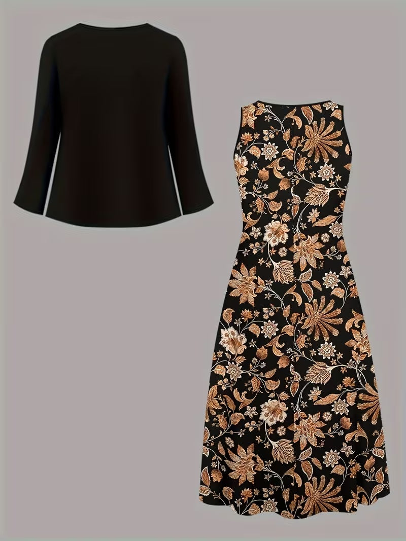 Elegant Geometric Print Co-Ord Set – Lapel Jacket, Vest & Long Skirt 3-Piece Outfit