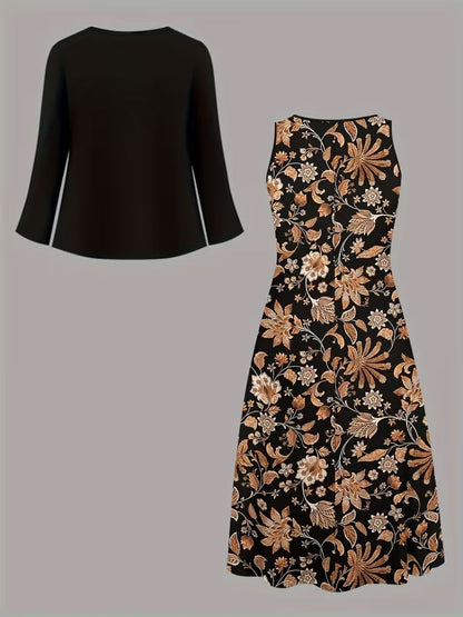 Elegant Geometric Print Co-Ord Set – Lapel Jacket, Vest & Long Skirt 3-Piece Outfit