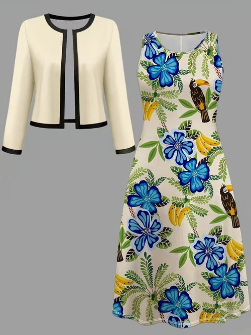 Elegant Geometric Print Co-Ord Set – Lapel Jacket, Vest & Long Skirt 3-Piece Outfit