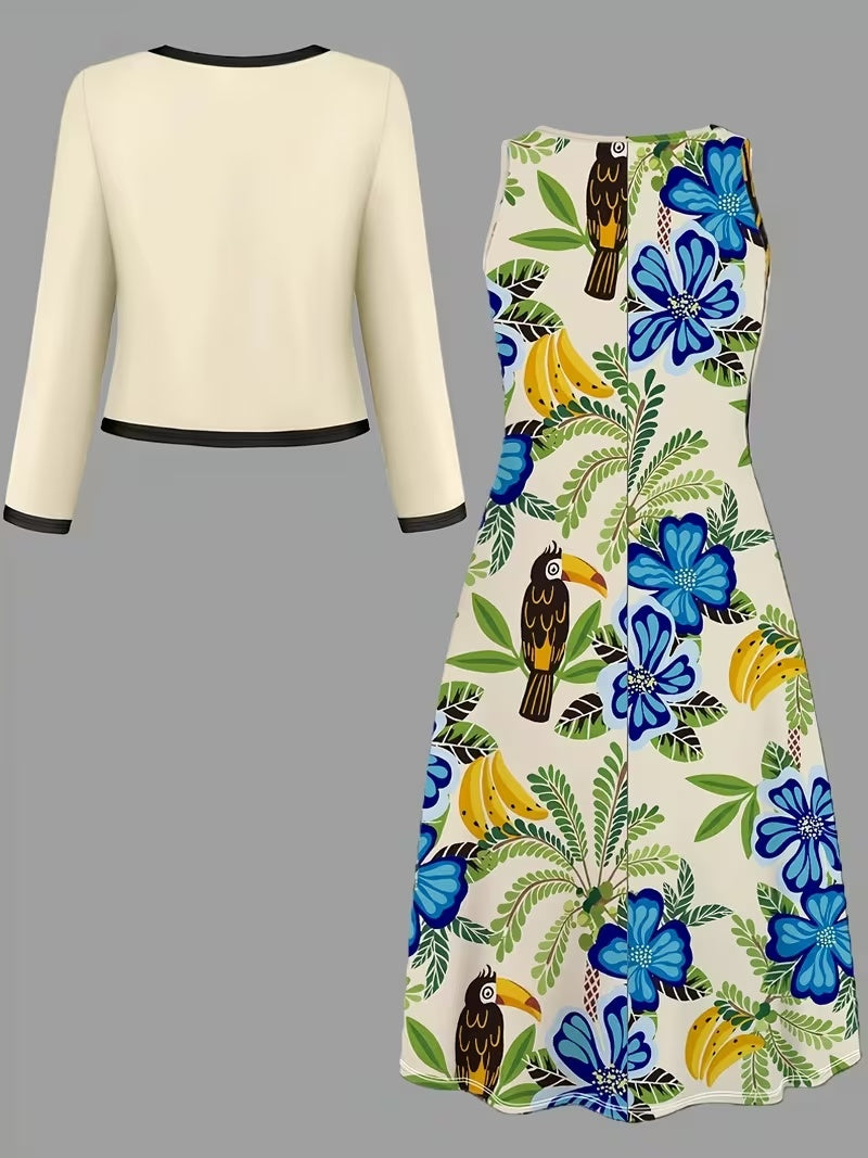 Elegant Geometric Print Co-Ord Set – Lapel Jacket, Vest & Long Skirt 3-Piece Outfit