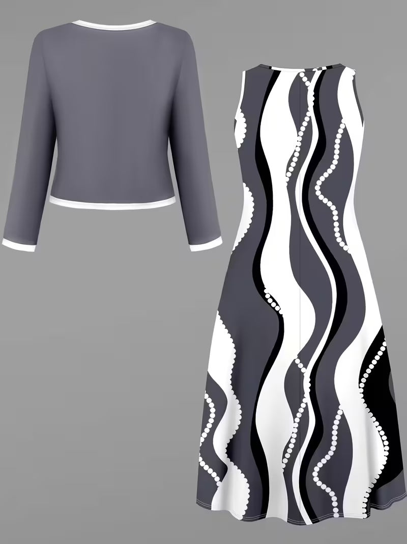 Elegant Geometric Print Co-Ord Set – Lapel Jacket, Vest & Long Skirt 3-Piece Outfit