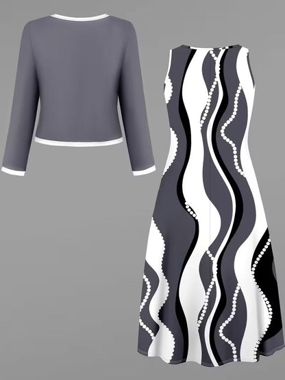 Elegant Geometric Print Co-Ord Set – Lapel Jacket, Vest & Long Skirt 3-Piece Outfit