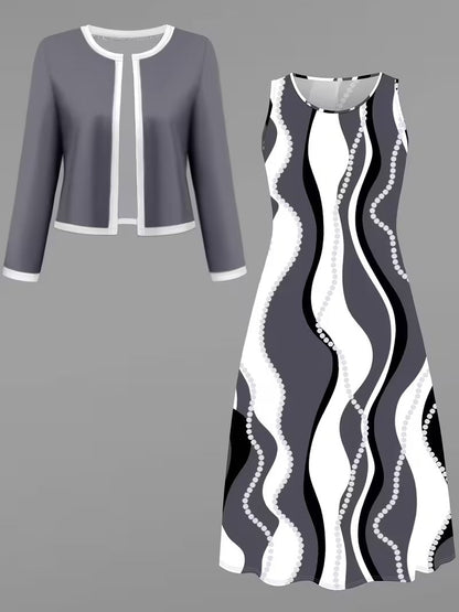 Elegant Geometric Print Co-Ord Set – Lapel Jacket, Vest & Long Skirt 3-Piece Outfit