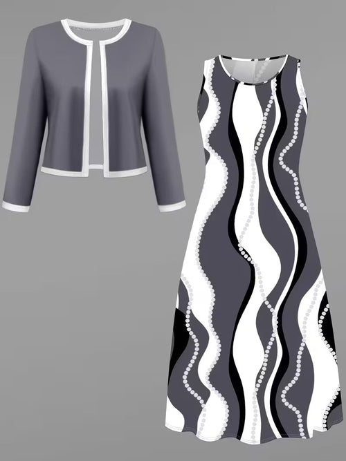 Elegant Geometric Print Co-Ord Set – Lapel Jacket, Vest & Long Skirt 3-Piece Outfit