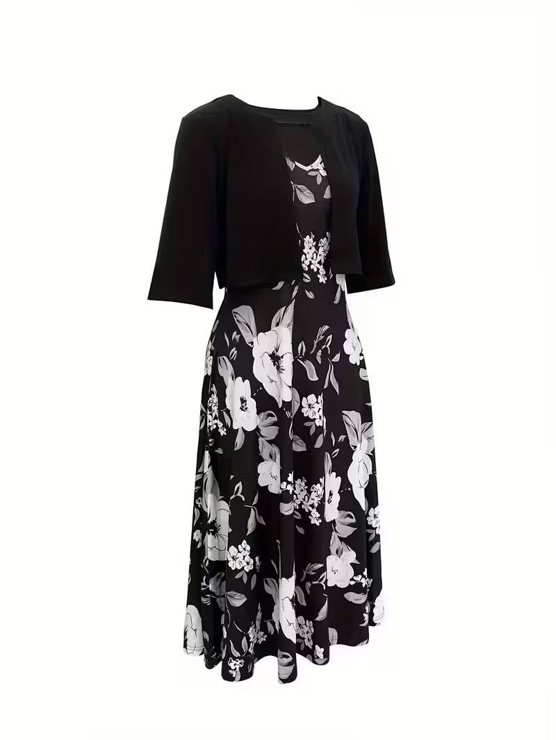 Elegant Geometric Print Co-Ord Set – Lapel Jacket, Vest & Long Skirt 3-Piece Outfit