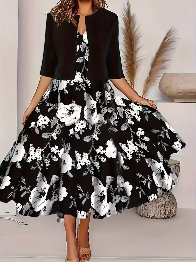 Elegant Geometric Print Co-Ord Set – Lapel Jacket, Vest & Long Skirt 3-Piece Outfit