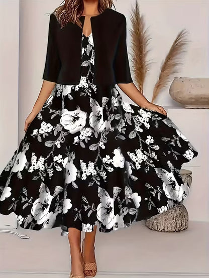 Elegant Geometric Print Co-Ord Set – Lapel Jacket, Vest & Long Skirt 3-Piece Outfit