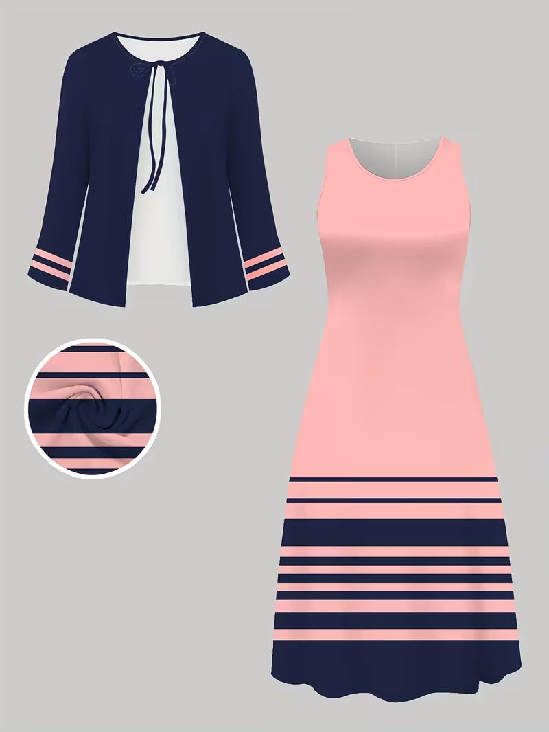 Elegant Geometric Print Co-Ord Set – Lapel Jacket, Vest & Long Skirt 3-Piece Outfit