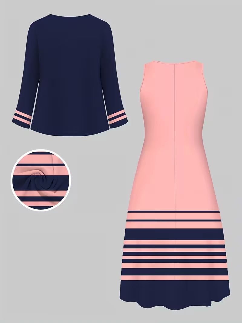 Elegant Geometric Print Co-Ord Set – Lapel Jacket, Vest & Long Skirt 3-Piece Outfit