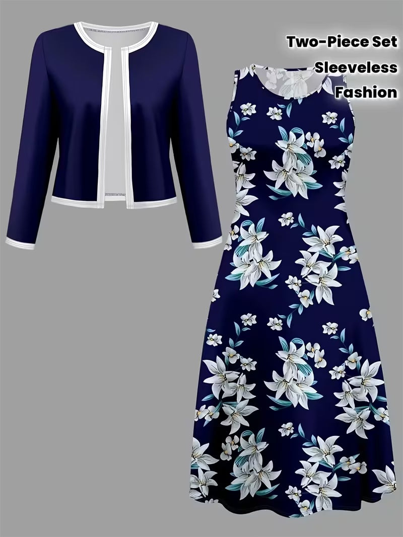 Elegant Geometric Print Co-Ord Set – Lapel Jacket, Vest & Long Skirt 3-Piece Outfit