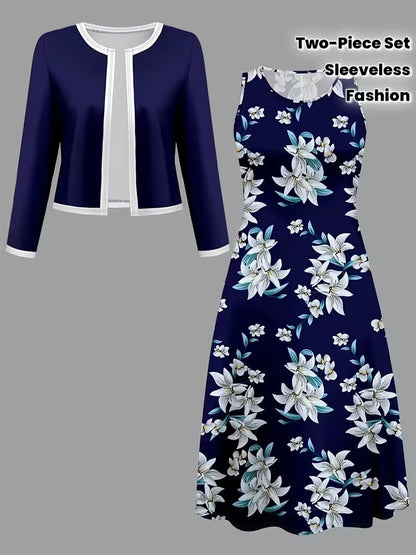 Elegant Geometric Print Co-Ord Set – Lapel Jacket, Vest & Long Skirt 3-Piece Outfit