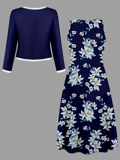 Elegant Geometric Print Co-Ord Set – Lapel Jacket, Vest & Long Skirt 3-Piece Outfit