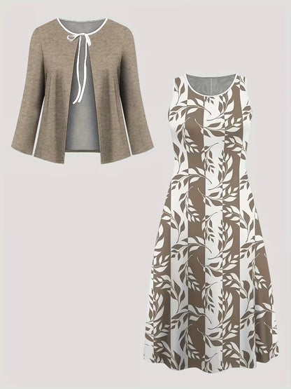 Elegant Geometric Print Co-Ord Set – Lapel Jacket, Vest & Long Skirt 3-Piece Outfit