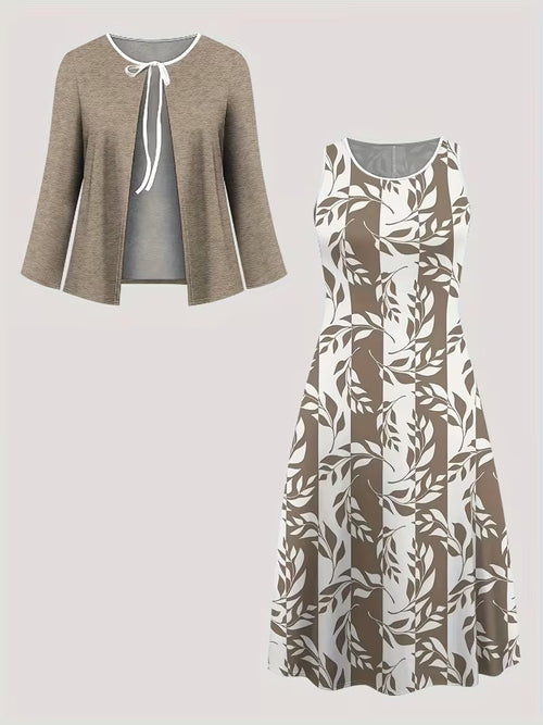 Elegant Geometric Print Co-Ord Set – Lapel Jacket, Vest & Long Skirt 3-Piece Outfit