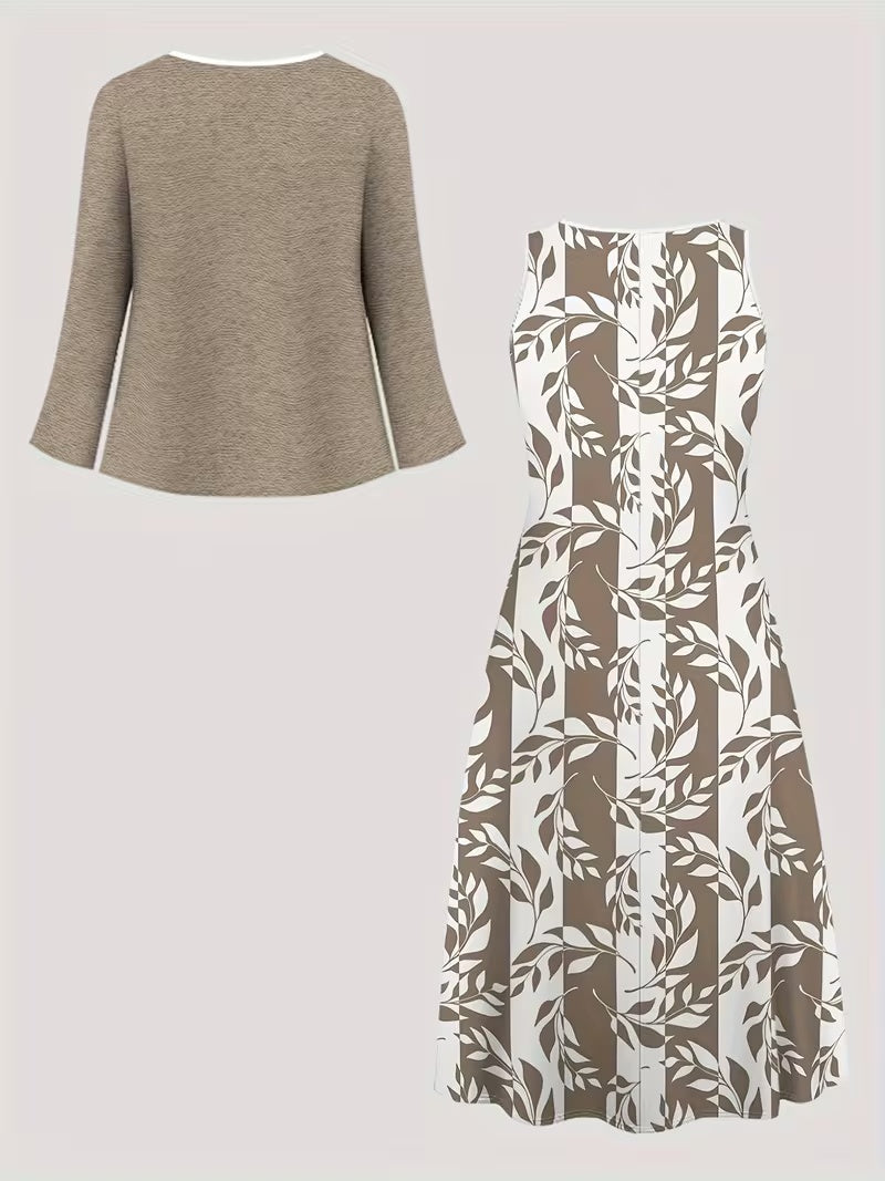 Elegant Geometric Print Co-Ord Set – Lapel Jacket, Vest & Long Skirt 3-Piece Outfit
