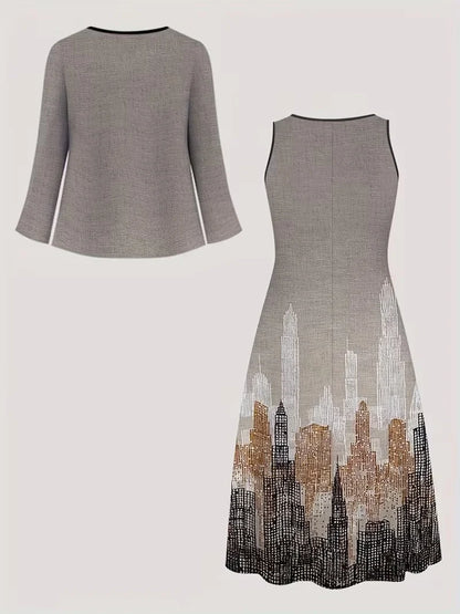 2-Piece Dress Set for Women – Printed Dress with Cardigan