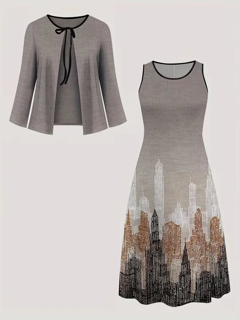 2-Piece Dress Set for Women – Printed Dress with Cardigan