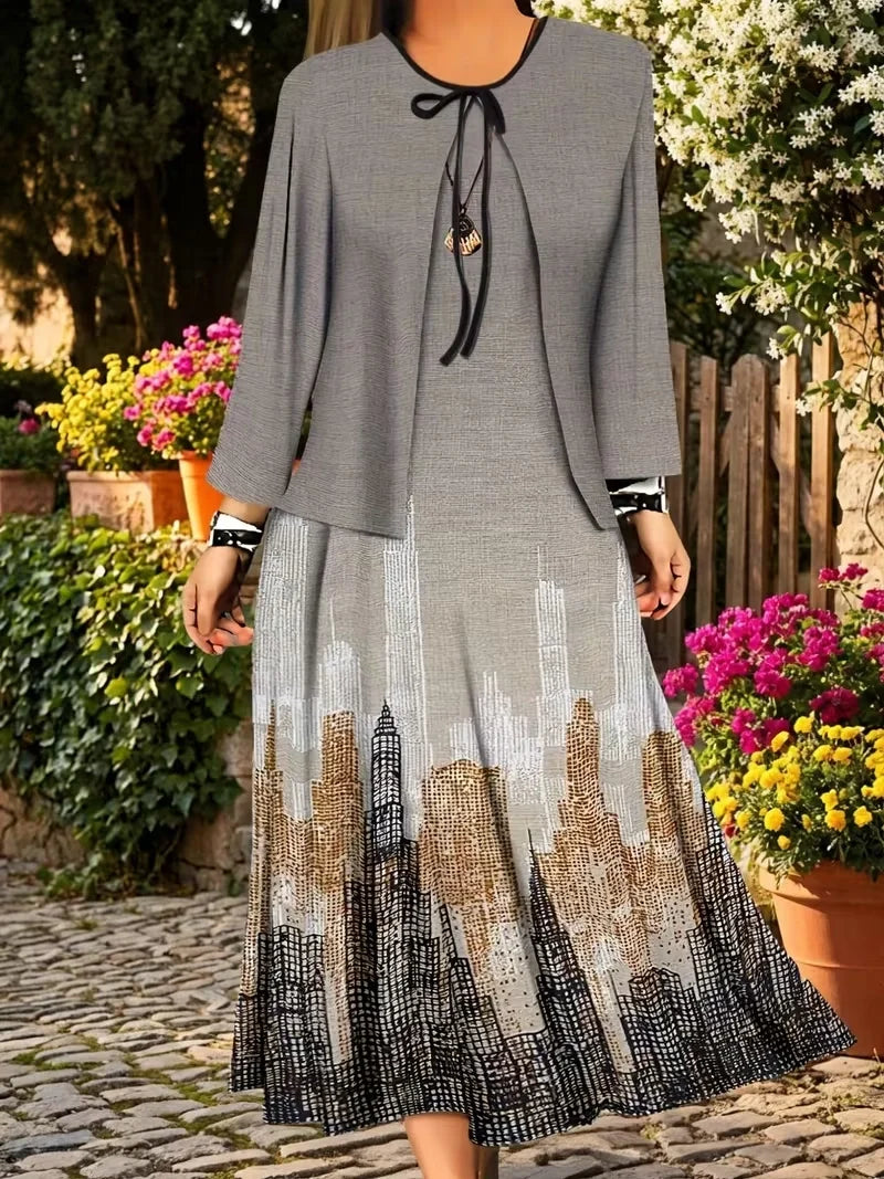 2-Piece Dress Set for Women – Printed Dress with Cardigan