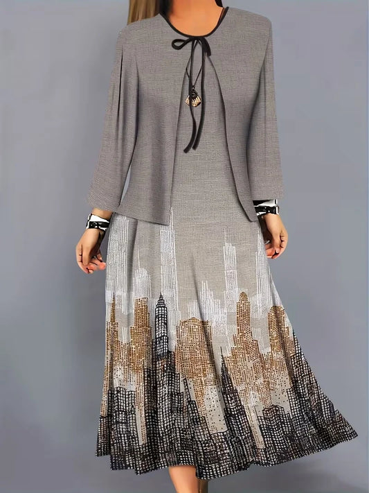2-Piece Dress Set for Women – Printed Dress with Cardigan
