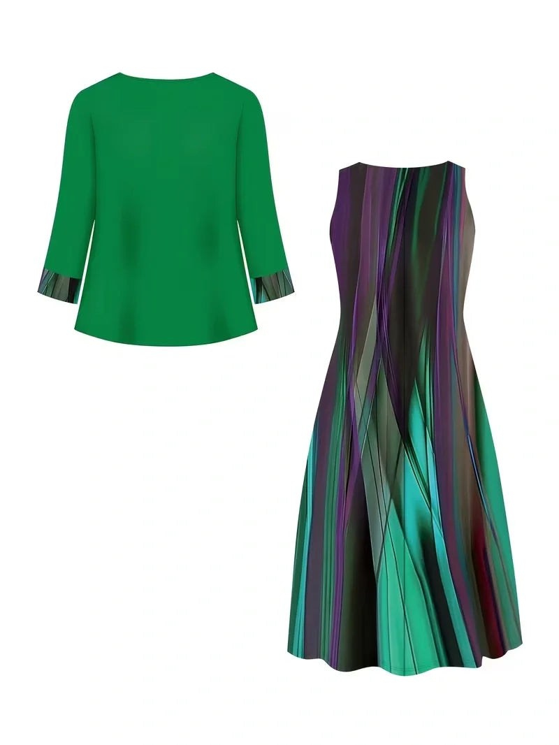 2-Piece Dress Set for Women – Printed Dress with Cardigan