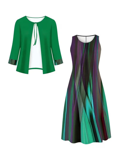 2-Piece Dress Set for Women – Printed Dress with Cardigan