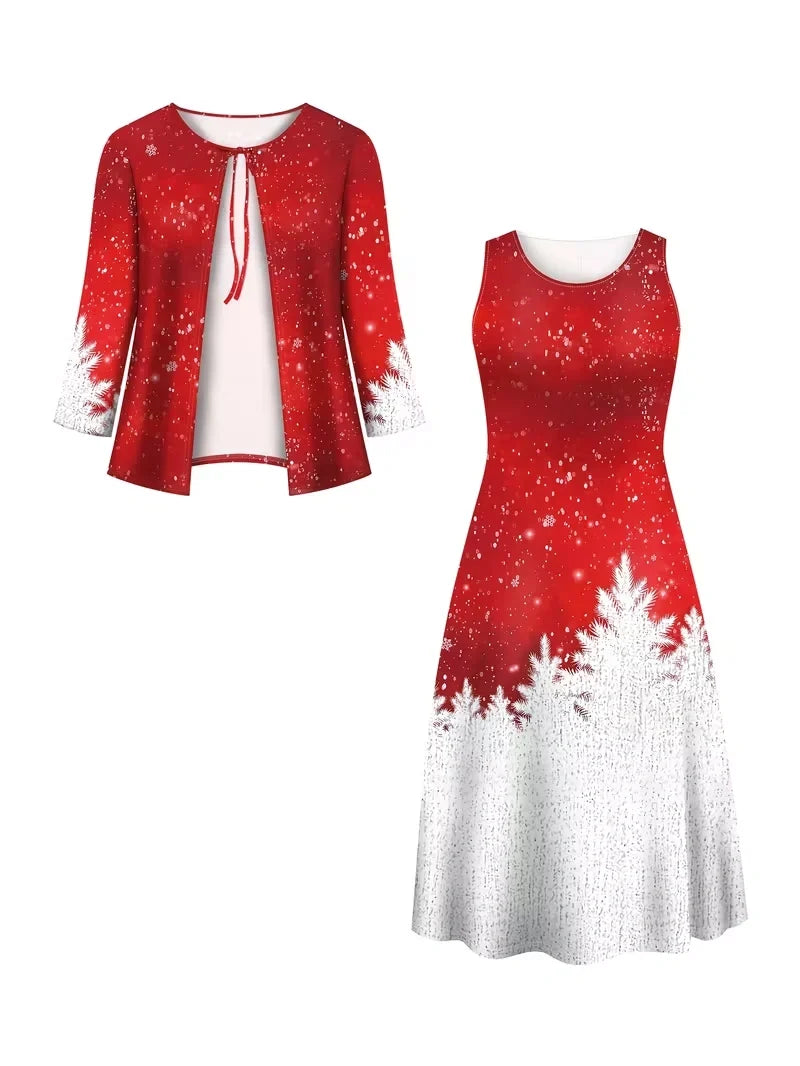 2-Piece Dress Set for Women – Printed Dress with Cardigan